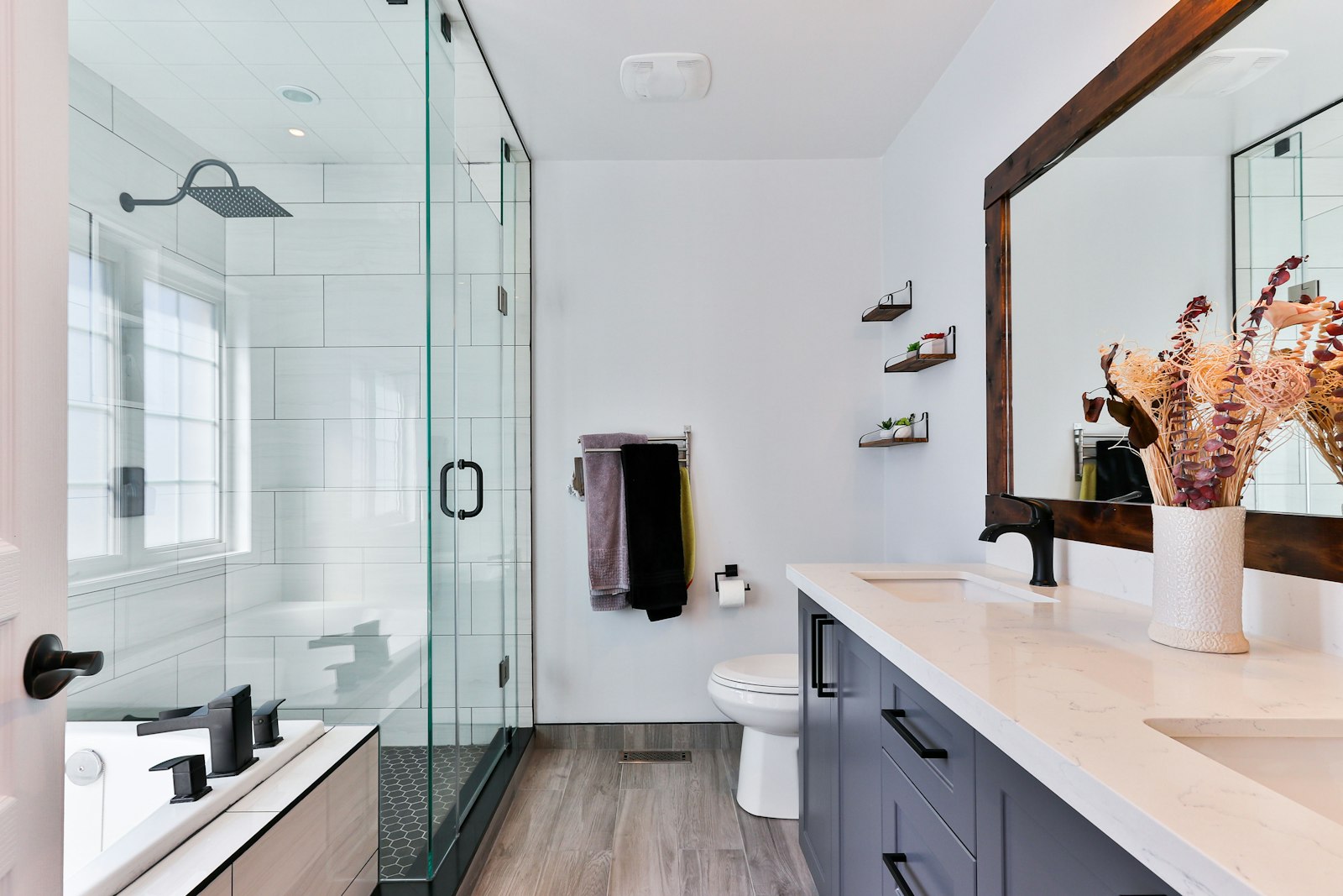 Remodeled bathroom with walk in tile shower